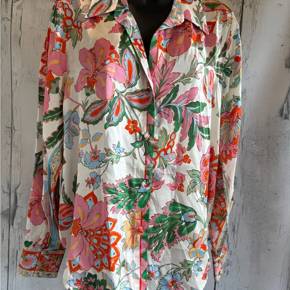 Misa Los Angeles White Floral Button-Up Blouse with Pink, Green & Orange Print - Picture 1 of 6